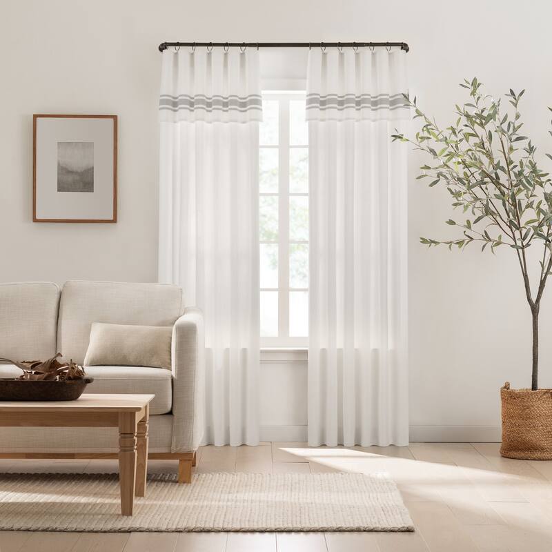 Mercantile Drop Cloth Stripe Light Filtering Ring Top Tab Farmhouse Curtain with Valance - 95x50 - Grey
