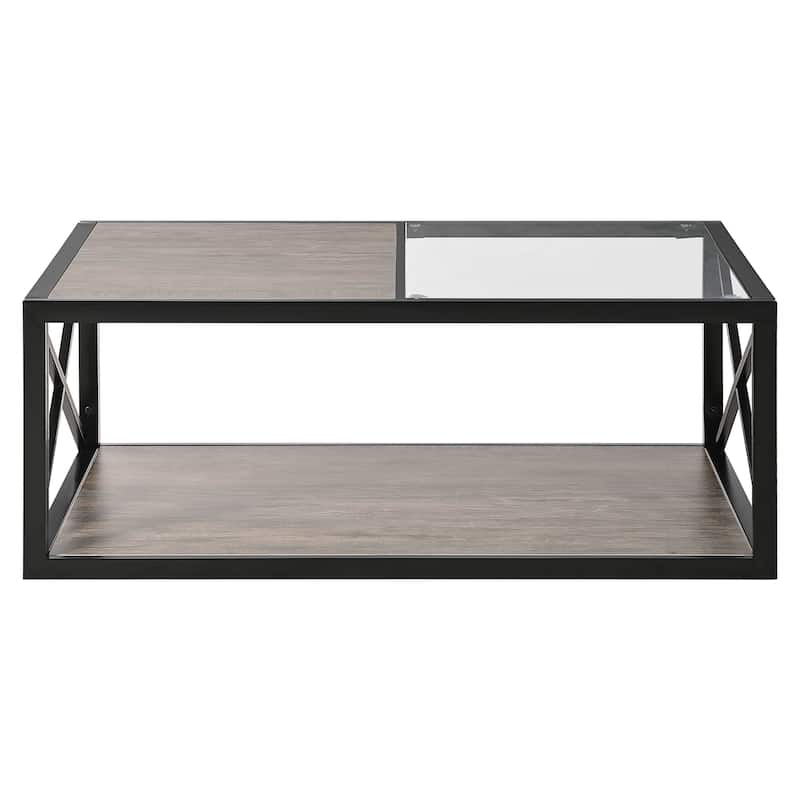 Anmytek Modern Coffee Table Two Tone Top Black Metal Frame Glass Modern Living Room Storage Shelf