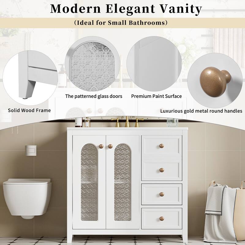 36" Bathroom Vanity with Adjustable Shelves - 3 Drawers & Soft-Close Doors Storage Cabinet