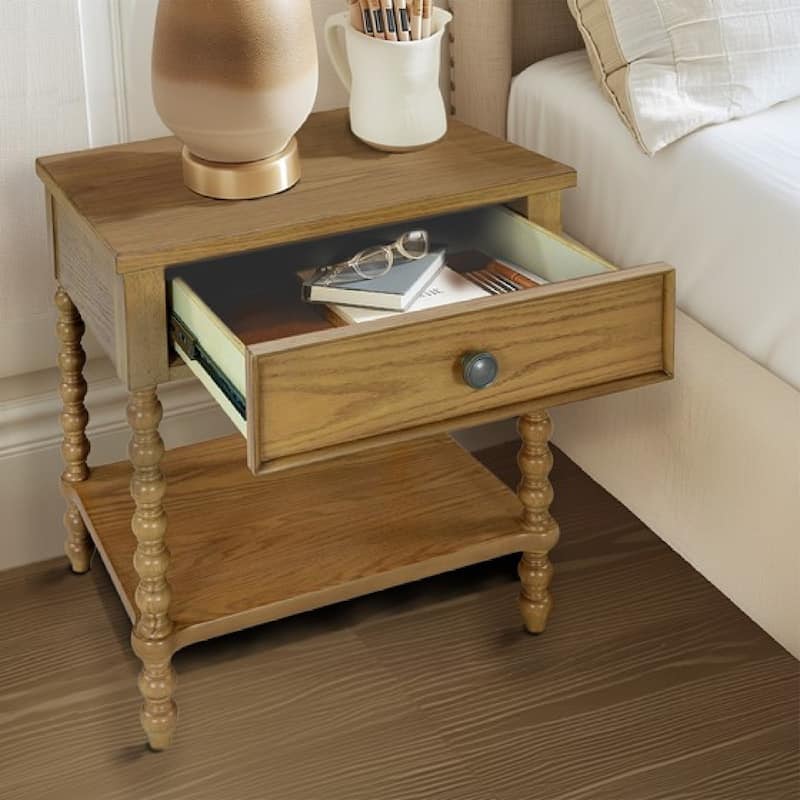 Roomfitters Beckett Accent Nightstand, Traditional Wood Side Table with Two Storage Compartments and Lower Shelf, Natural