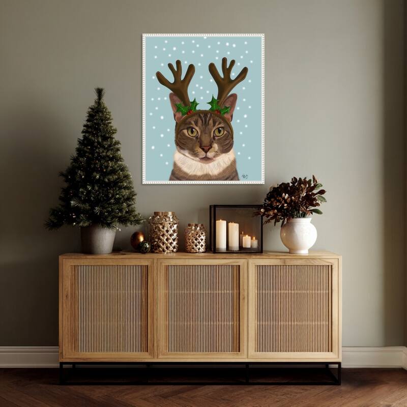 Calico Cat and Antlers by Fab Funky (23 x 28 in.), Framed Canvas Wall Art Print - Sylvie Beaded White