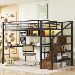 Full Size Loft Bed with LED Light & Charge Station, Metal Loft Bed with Desk and Staircase, Loft bed with Wardrobe for Kids