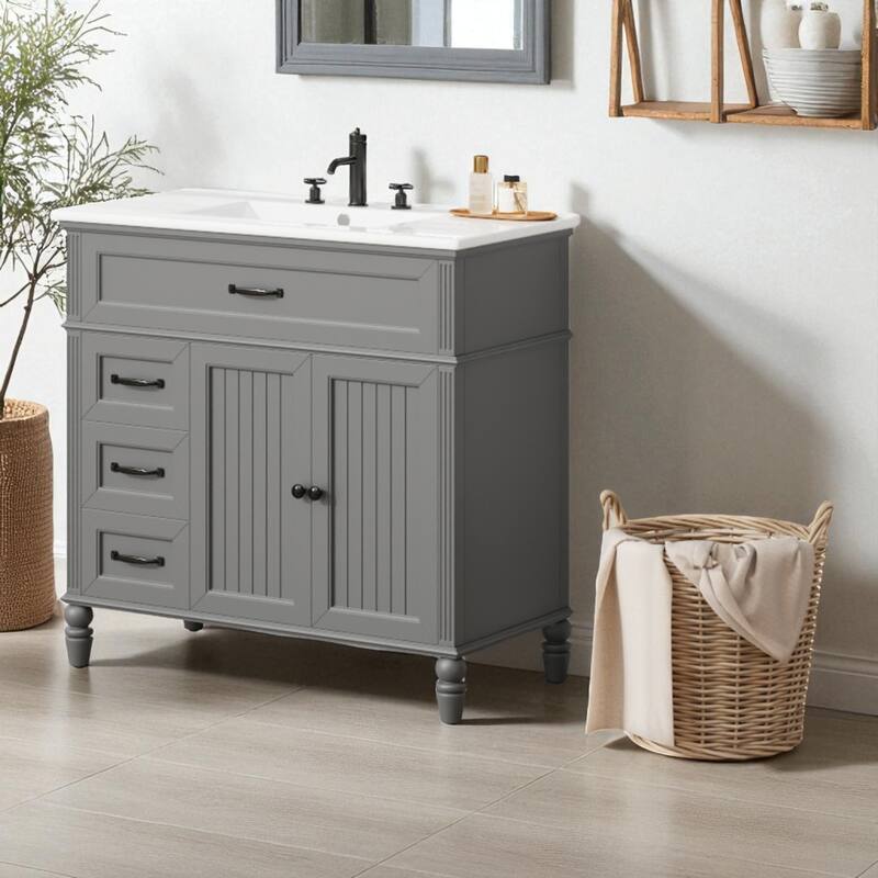 36" Bathroom Vanity with Sink, Freestanding Cabinet with 2 Drawers & Double Doors, Solid Wood Frame, Soft-Close Design