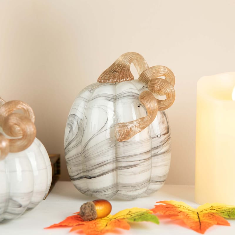 Glitzhome Fall Harvest Gray Marble Glass Pumpkin & Gourd Chinese Ink Wash Painting Style for Thanksgiving Decor (Set of 3)