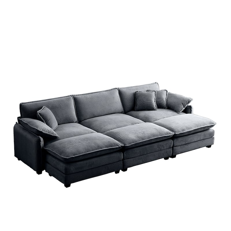 Grey 6-piece Corduroy Modular Sleeper Sectional Sofa with 3 Ottomans