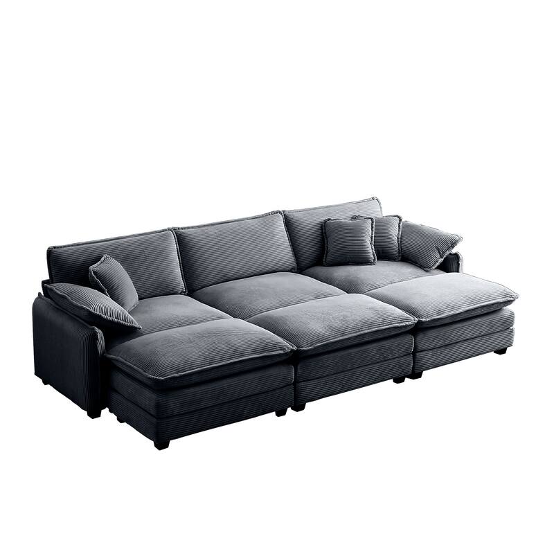 Grey 6-piece Corduroy Upholstered Modular Sleeper Sectional Sofa with 3 Removable Ottoman and 5 Pillows, Free Combination