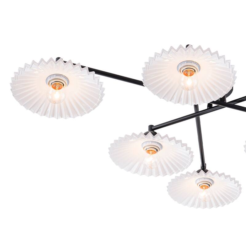 6-Light Matte Black Branch Flush Mount Ceiling Light with White Glass Shades - Dia.40.16-in
