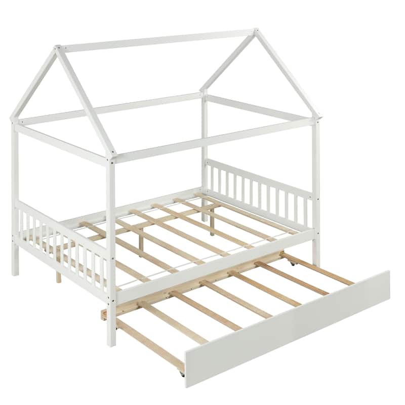 Full Size Wood House Bed with Trundle and Roof