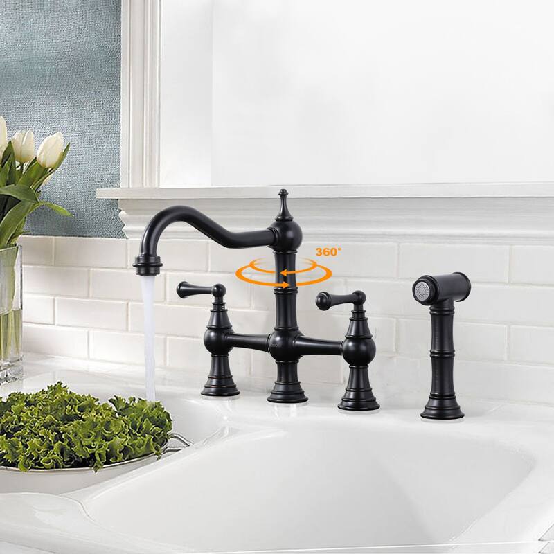 WOWOW Double Handle Bridge Kitchen Faucet with Side Sprayer