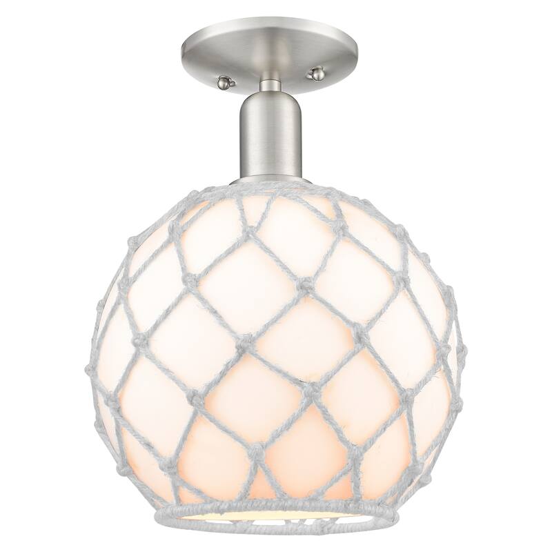 Innovations Lighting 716-1C-14-10 Farmhouse Rope Semi-Flush Farmhouse - Brushed Satin Nickel / White Glass with White Rope