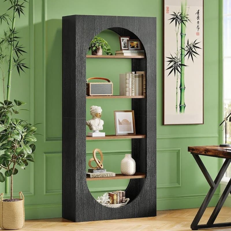 Black Arch Bookcase 5 Shelf Tall Oval Front E1 Particle Board Book Shelf Storage Organizer for Living Room Office Bedroom