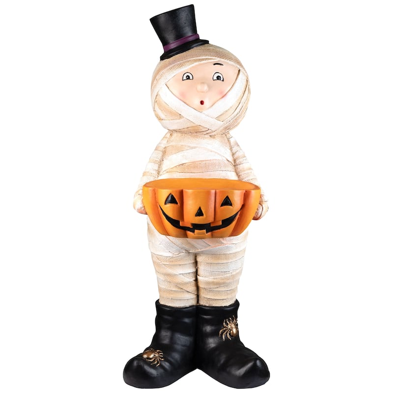 Mummy in Top Hat Holding Jack-O-Lantern Candy Dish Halloween Decoration - 23"