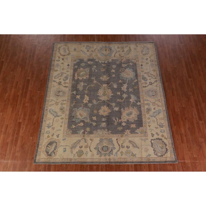 Hand Knotted Oriental 100% Wool Carpet Transitional All-Over Greys & Charcoal Oushak Area Rug - 9' 5'' X 8' 2''