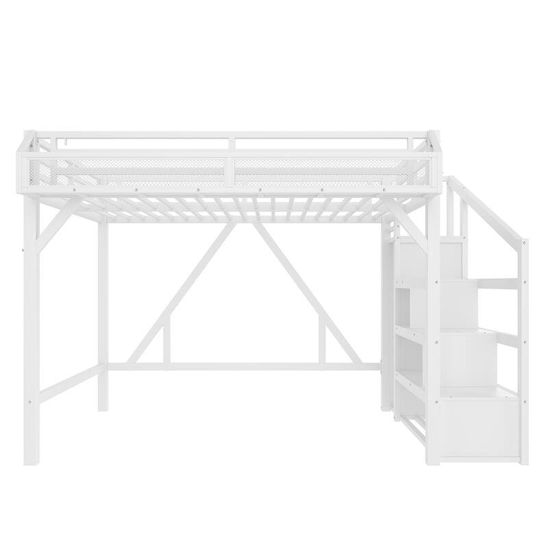 Roomfitters Metal Loft Bed with Wardrobe and Storage Stairs, LED Lights and USB