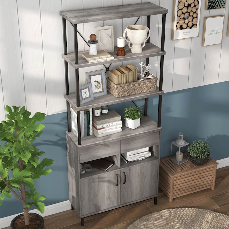 DH BASIC Farmhouse Vintage Grey Oak 5-Shelf and 2-Drawer 2-Cabinet Bookcase by Denhour
