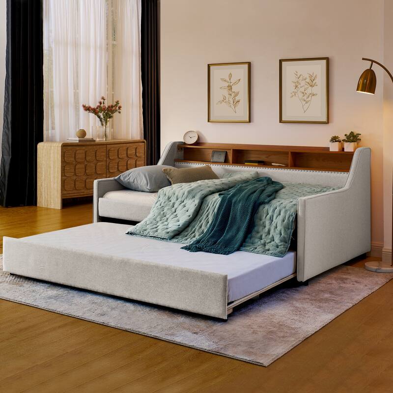 Twin Size Linen Daybed with Wireless Charging,Storage Headboard and Pull up Trundle - Beige