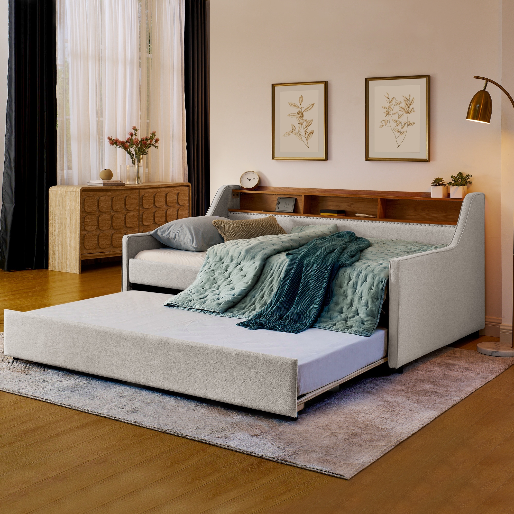 Twin Size Sofa Bed with LED Lights and Trundle Bed