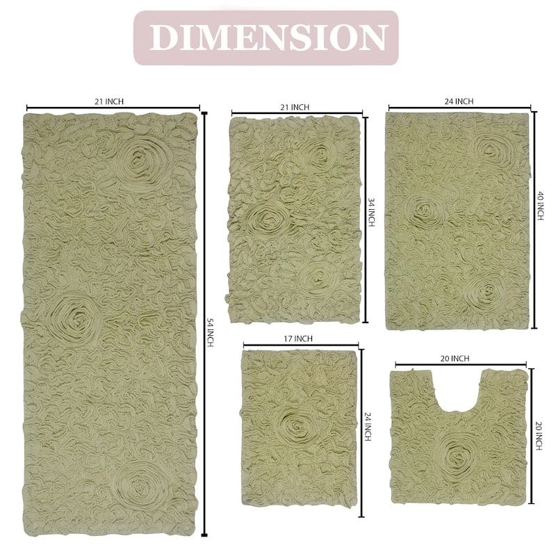 Bell Flower Collection 100% Cotton Non-Slip Bathroom Rug Set, Machine Washable Bath Rug, 5 Piece Bath Mat Set with Runner