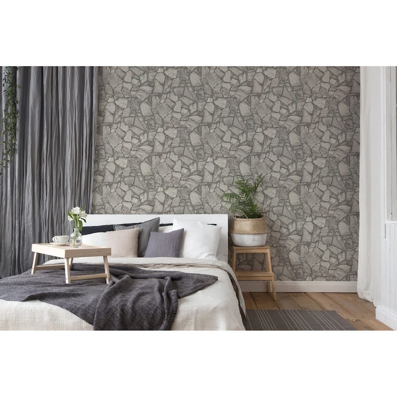 Galerie Wallcoverings Bricks and More Collection Slate Stone Wall Matte Finish Vinyl on Non-woven Wallpaper Roll