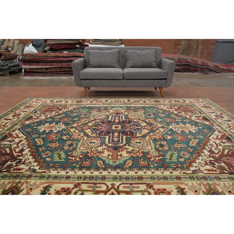 Hand Knotted Oriental 100% Wool Carpet Traditional Medallion Navy Blue & Blues Heriz (serapi) Area Rug - 9' 10'' X 7' 11''