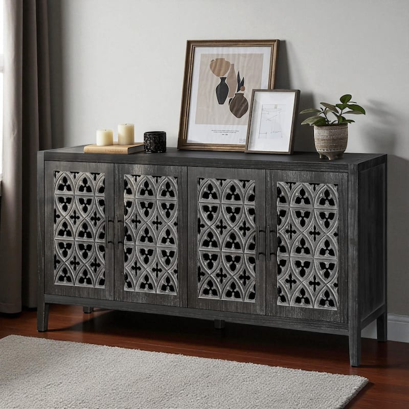 59.8" Hollow Carved 4-Door Antique Sideboard Buffet Cabinet, American Country Style Storage Console for Living Room