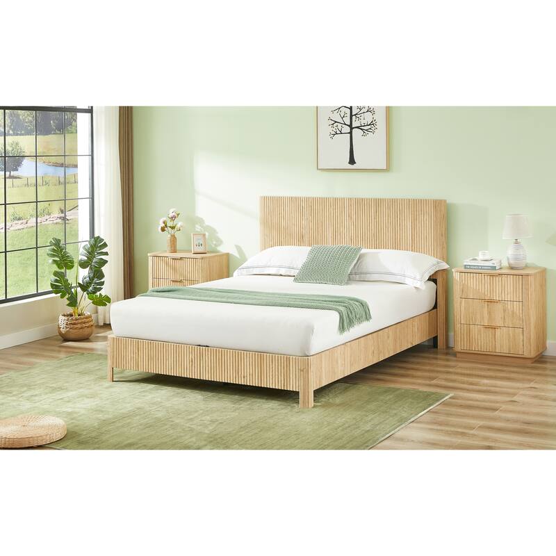 Wooden Corrugated Bed Frame Contemporary Rustic Platform Bed with 44.5" High Headboard/Metal Tubes Support/No Box Spring Needed