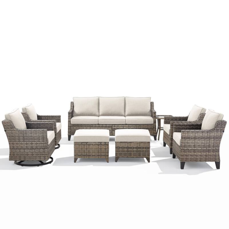 Glissia 8-Piece Gray Wicker Patio Conversation Set with Swivel Gliders and Ottomans