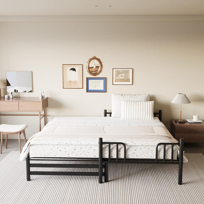 Twin Size Black Metal Bunk Bed Frame with Pull-out Bed, Guardrail and Built-In Ladder, Space-Saving Convertible Platform Bed