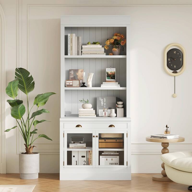 83.4" Tall Bookshelf, Modern Bookcase with 2 Glass Doors, 1 Drawer & Open Shelves