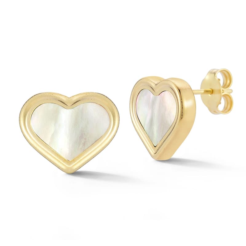 Soleil 14K Gold Mother of Pearl Heart Studs, Made in Italy - White Mother of Pearl