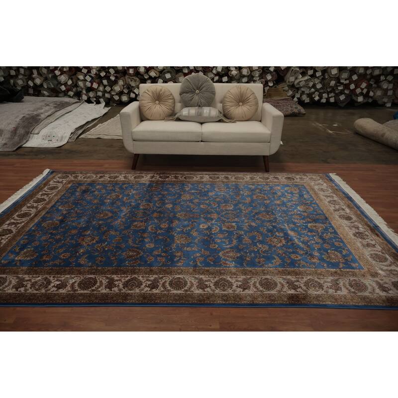 Machine Made Oriental 90% Silk - 10% Polyester Carpet Traditional Floral Navy Blue & Blues Qum Area Rug - 9' 10'' X 6' 7''