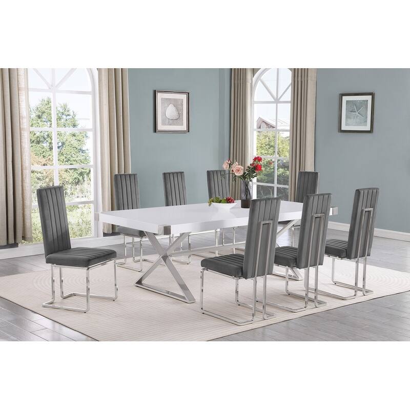 Best Quality Furniture D442/3-SC340-7 Dining Set with 94" White Lacquer Wood Top - 9-Piece - Dark Grey / Silver