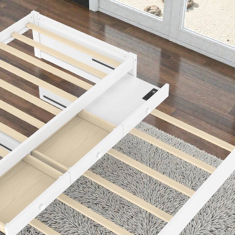 Platform Bed with Trundle, 2 Storage Drawers and Built In Power Strip, Solid Wood Bed Frame