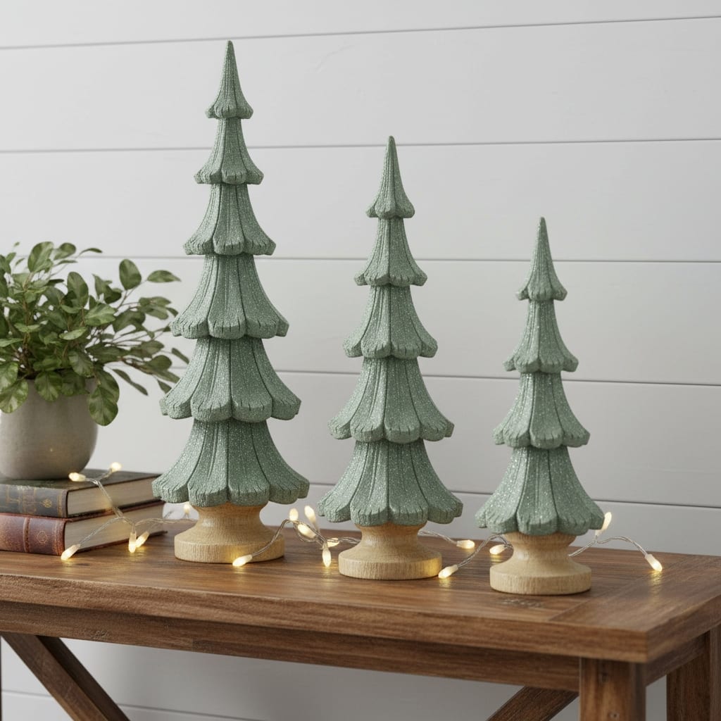 HomeRoots Set of Three Green And Natural Resin Glitter Christmas Tree Sculptures - 3.25 in. x 9.50 in. x 3.25 in.
