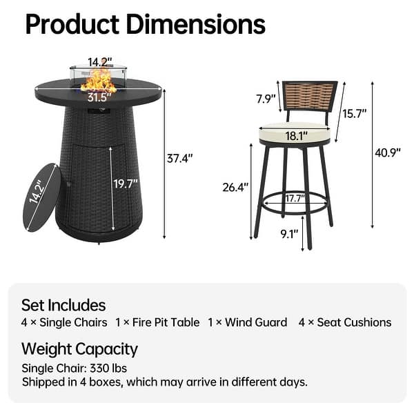 3/5 Pieces Patio Swivel Bar Set with 40,000 BTU Bar Height Fire Pit ...