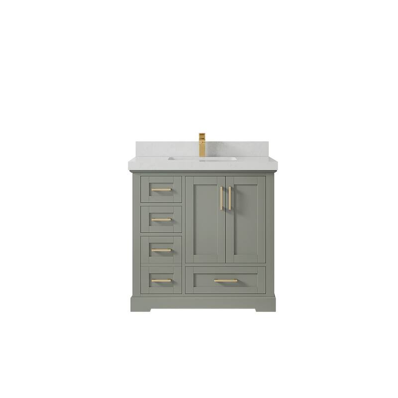 Willow Collections 36 x 22 Boston Center Sink Right Bathroom Vanity with Countertop - 2"Carrara Quartz - Evergreen