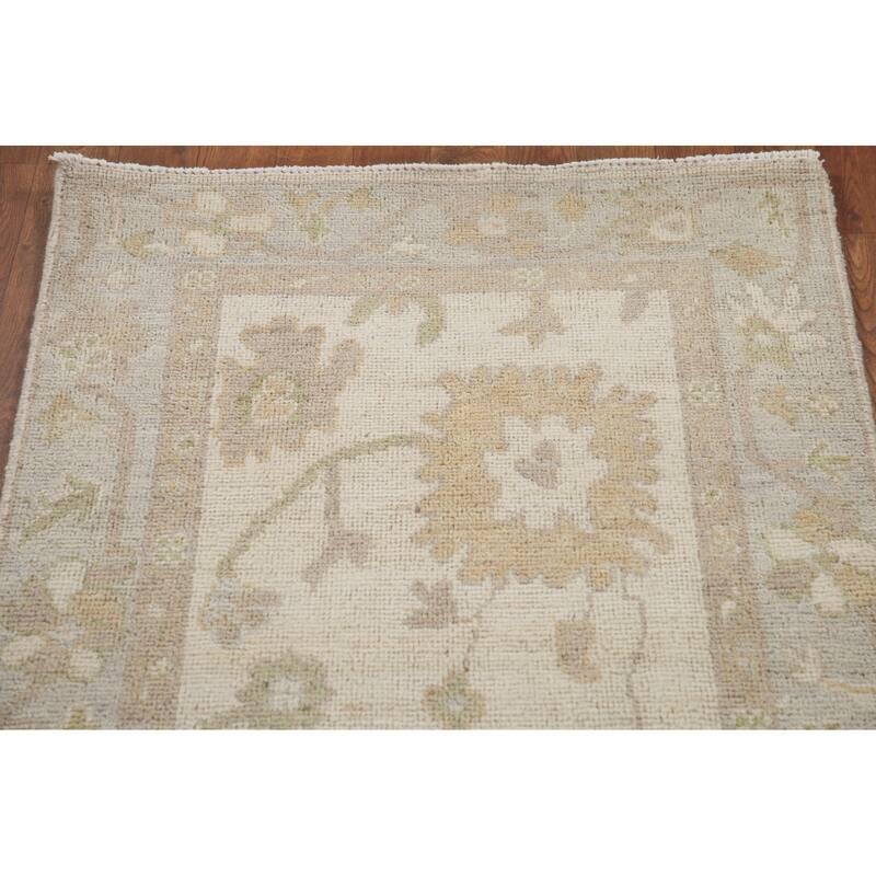 Hand Knotted Oriental 100% Wool Carpet Transitional All-Over Beige & Ivories Oushak Runner Rug - 11' 7'' X 2' 7''
