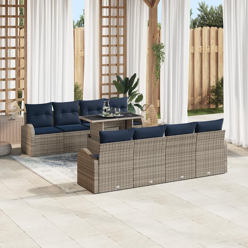vidaXL 9 Garden Sofa Set with Cushions Black/Brown/Grey Poly Rattan - 92.1 x 24.4 x 27.2