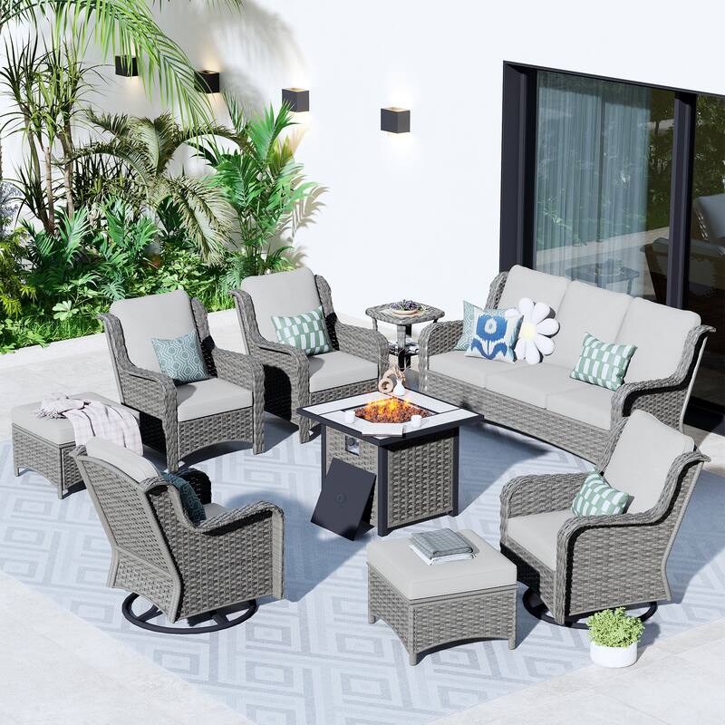 OVIOS 9-piece Patio Wicker Swivel Chair Set With 30" Fire Pit - Grey-Grey Wicker