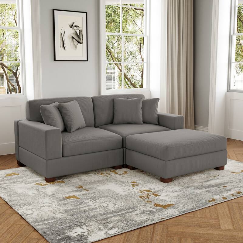 Ella 82" W/ 118" W Corduroy Modular Sectional Sofa with Ottoman