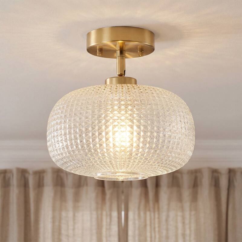 Modern Copper Tone Electroplated Metal White Jade Glass One Light Flush Mount Ceiling Light 9.8 Inch Diameter