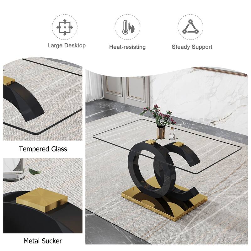 Contemporary Glass Dining Table‌ – Rectangular 6-8 Seater with 0.39" Tempered Glass Top, Black MDF Frame & Sturdy Metal Base