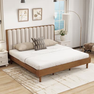 King/Queen Size Wood Bed with Piano Key Upholstered Headboard, Strengthened Frame