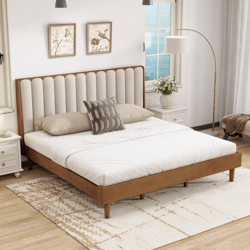 Solid Wood Low Profile Platform Bed Frame with Piano Key Style Upholstered Headboard, No Box Spring Needed