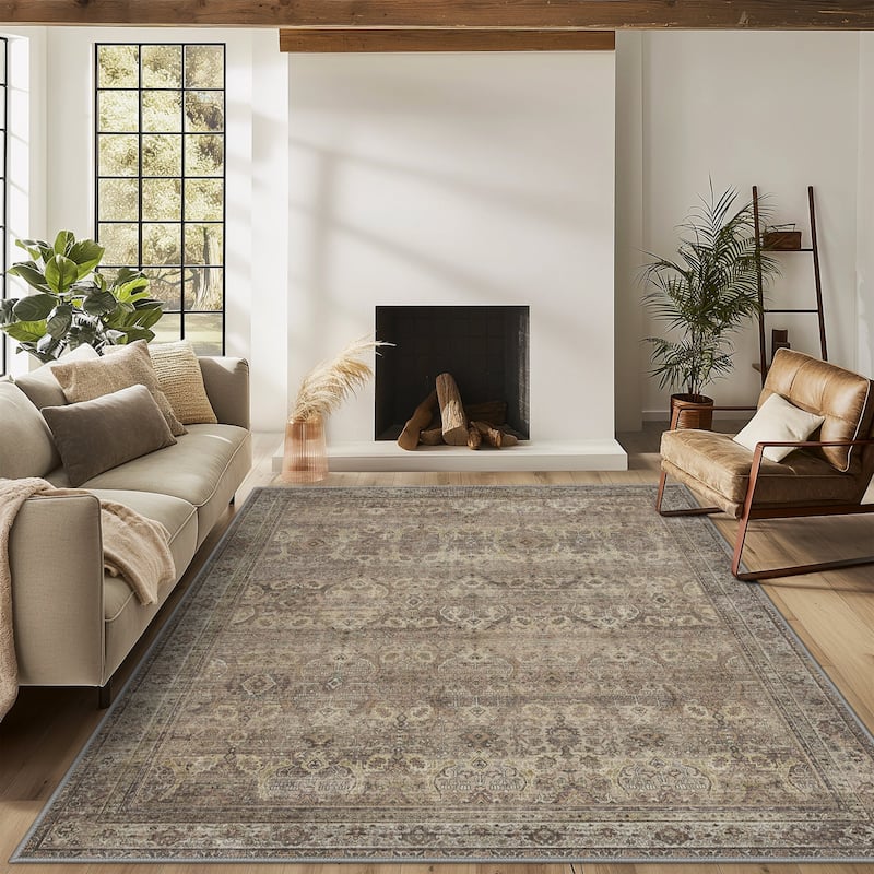 Mcow Vintage Floral Low-Pile Machine Washable Non-Slip Area Rug