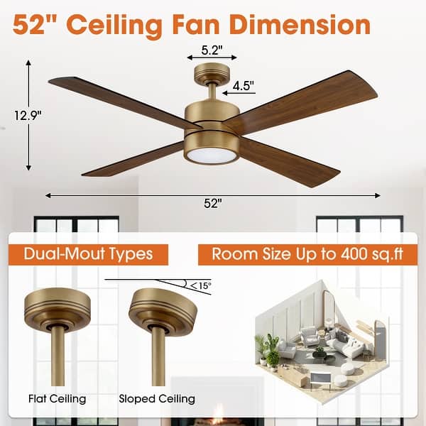 Parrot Uncle 52" Antique Brass Plywood 4-Blade Indoor Ceiling Fan with Light and Remote