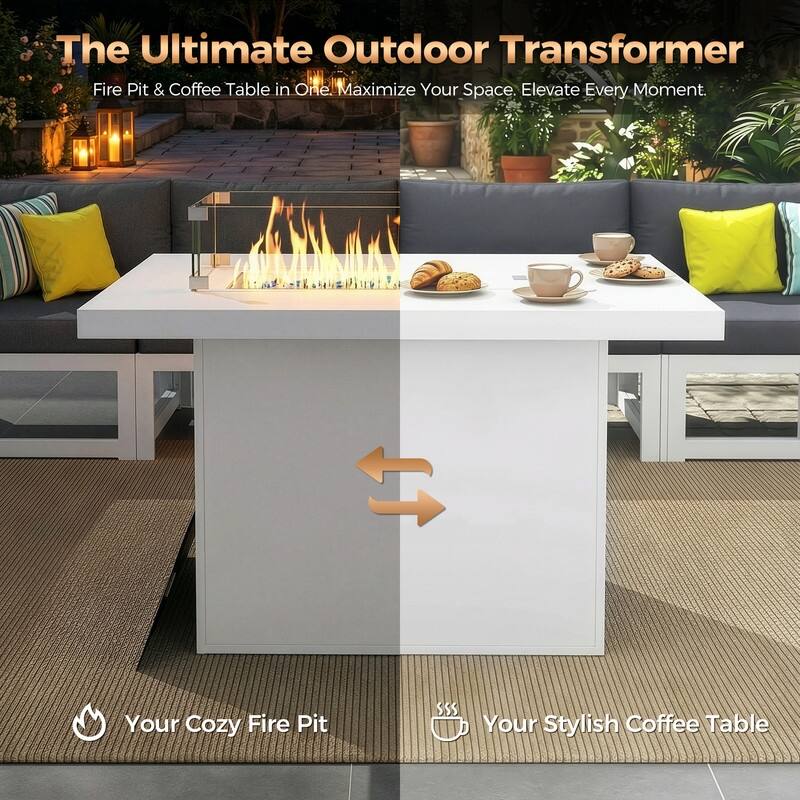 43" Outdoor Aluminum Gas Fire Pit Table, 60,000 BTU, Propane/Natural Gas, Glass Wind Guard