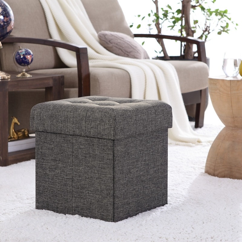 Sturdy Foldable Small Ottoman Foot Rest Grey Brown Black Brownx2-PU Leather CAMPMAX 15 High Linen Ottoman Cube with Storage 