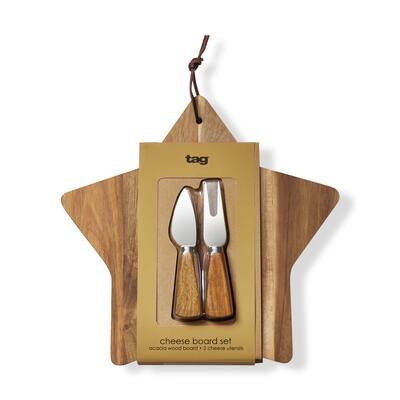 Star Board & Cheese Utensil Set - Natural Wood Cutting Boards & Serving Utensils for Christmas - Hand Wash Only