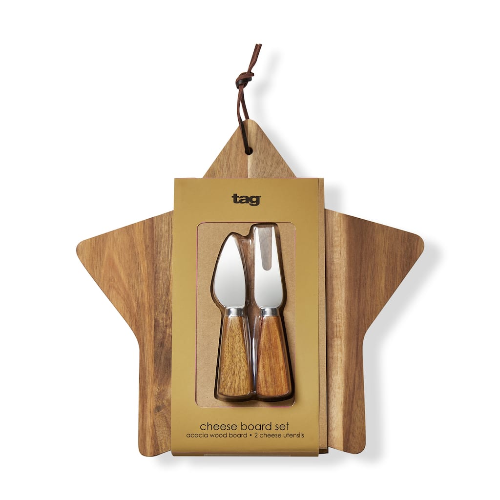 Star Board & Cheese Utensil Set - Natural Wood Cutting Boards & Serving Utensils for Christmas - Hand Wash Only